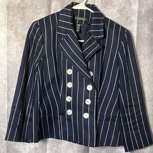 LRLRalph Lauren Women's Size 4 Navy Blue White Striped Blazer Business Classic